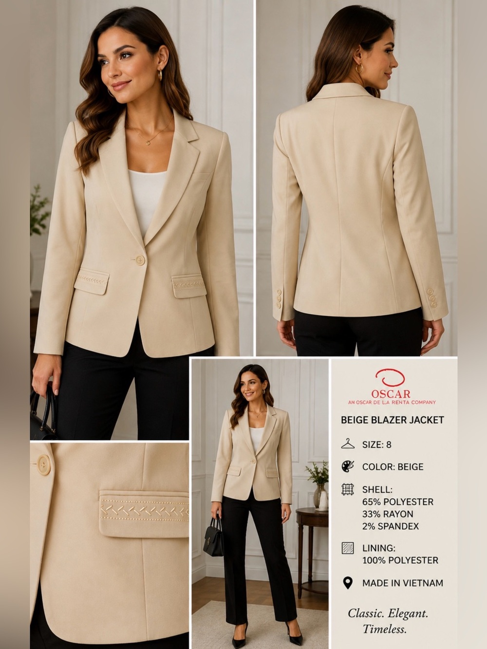 Oscar de la Renta Beige One Button Blazer Jacket Size 8